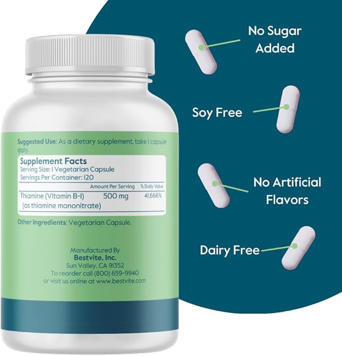 BESTVITE Vitamin B-1 (Thiamin) 500mg (240 Vegetarian Capsules) (2 x120) - No Stearates - Vegan - No Calcium Carbonate - Non GMO - Gluten Free - No Silicon Dioxide