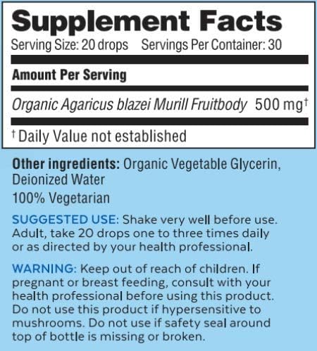 Agaricus Bio Super Liquid, Natural Killer Cell Activity, Organic Mushroom Extract, Agaricus Blazei Murill Mushroom, Tincture Drops with High Beta Glucans, Liver and Immune Support Supplement, 30 ml