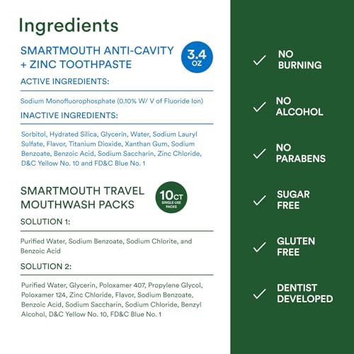 SmartMouth TSA Approved Travel Toothpaste & Oral Rinse - SmartMouth Original Activated Oral Rinse Packs & Travel Size Premium Toothpaste, 3.4 Ounce