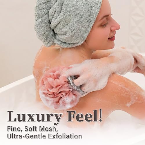 myHomeBody Large 70g Loofah Sponge, Body Scrubber, Bath Sponge, Loofah for Women, Men, Exfoliating Sponge Shower Pouf with Activated Charcoal - 3 Pack, 2 Coral Red + 1 Peach