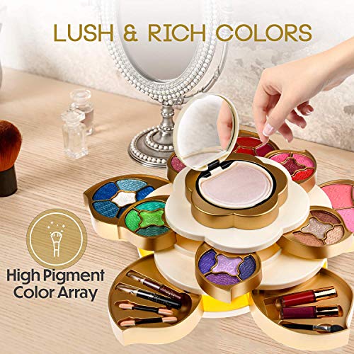 All In One Makeup Kit for Teens and Women - Flower Makeup Set for Girls 10-12 - Pigmented Eyeshadows, Lip Creams, Blushes, Concealer and Mirror - Full Starter Makeup Gift Set for Beginners