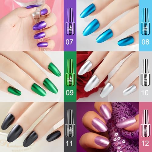 Ownest 12 Colors Mirror Nail Polish Set, Mirror Effect Long Lasting Gorgeous Glossy Manicure Nail Art Decoration, Brilliant Manicure Effect Nail Lacquers Kit-12pcs