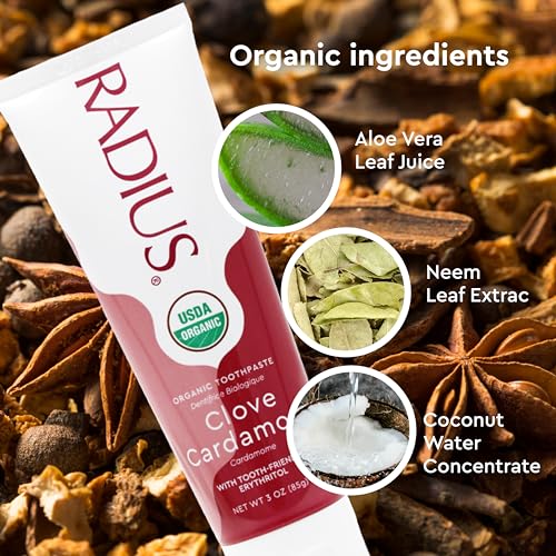 RADIUS Toothpaste, Clove Cardamom, 3 oz, USDA Organic Non-Toxic Chemical-Free Gluten-Free, Designed to Improve Gum Health & Prevent Cavities, Pack of 3