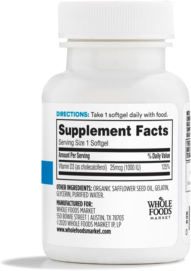 365 by Whole Foods Market, Vitamin D3 Softgels, 1000 IU, 100 CT
