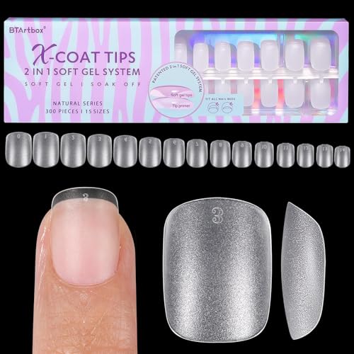 BTArtbox Extra Short Square Nail Tips - Clear Short Gel Nails with Tip Primer Cover, Stronger Adhesion Full Cover Soft Gel Fake Nail Tips for Easy Nail Extension