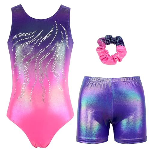 MODAFANS Leotards for Girls Gymnastics with Shorts Ballet Dance Set Athletic Leotards with Hair Scrunchie Purple Diamond,4-5Years