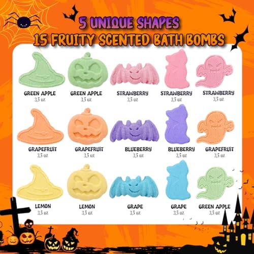 15 Count Halloween Bath Bombs with Pumpkin Bucket, Halloween Spooky Bath Bombs for Kids, Adorable Hallowen Trick o Treat Party Favors for Kids