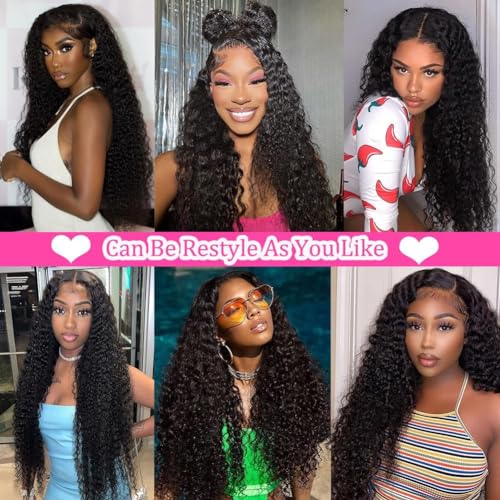 28 Inch 13x6 Deep Wave Lace Front Wigs Human Hair Pre Plucked 200% Density 13x6 HD Transparent Lace Frontal Curly Wig Human Hair Glueless Deep Curly Wigs for Women Natural Black