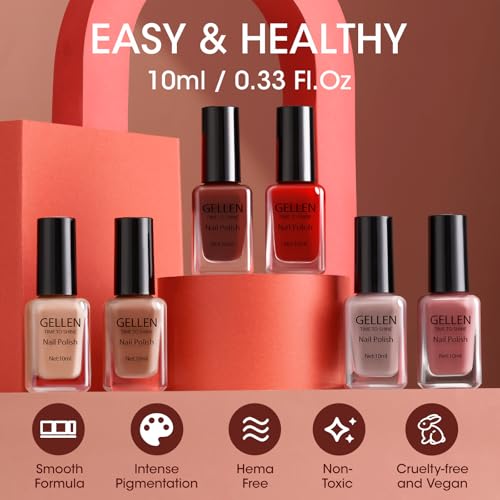 GELLEN Nail Polish Set, Quick Dry Natural Traditional Regular Nail Polish 6 Colors Nude Red Kit for Acrylic Natural Nails Home Salon, Non Gel, No UV, Hema Free, Non-toxic