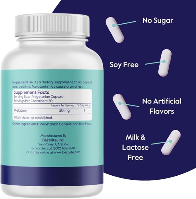 BESTVITE Melatonin 30mg (120 Vegetarian Capsules) - No Stearates - Vegan - Non GMO - Gluten Free - High Dose Melatonin