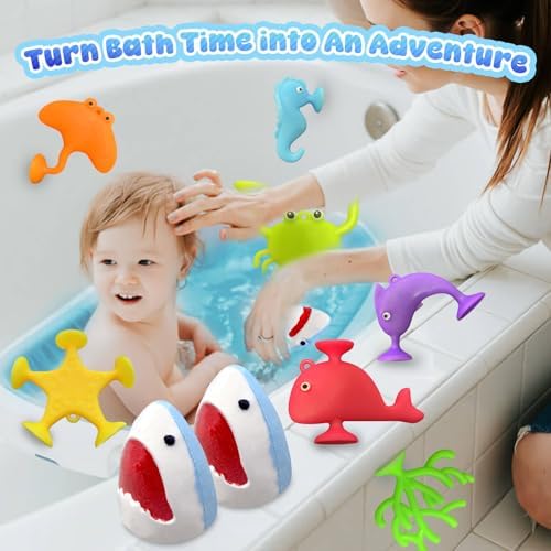 Shark Bath Bombs for Kids, 8 Surprise Bath Bombs with Sea Aninmals Inside & 4 Suction Cup Toys Outside, Natural Handmade Bubble Bath Ball Gift for Boys Girls Birthday Christmas