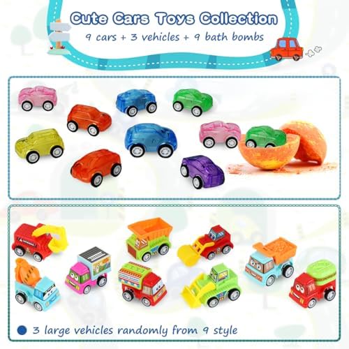 Bath Bombs for Kids with Toys Inside, 9 Pack Handmde Bath Bombs Set with Pull-Back Cars Inside, Rich Foam Color Bubble Set Boys Girls for Skin Moisturizing