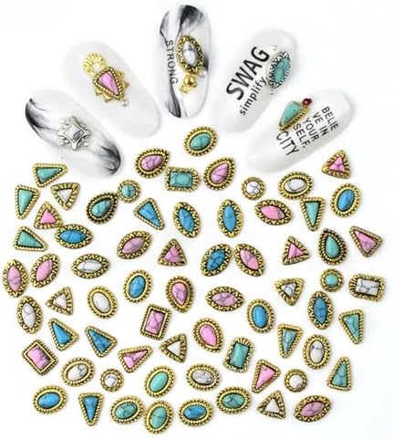 60 Piece Set of Turquoise Gemstone Pendants - 3D Nail Accessories with Hollowed Out Design, Vintage Pendants Suitable for DIY and Western Nail Art, Blue