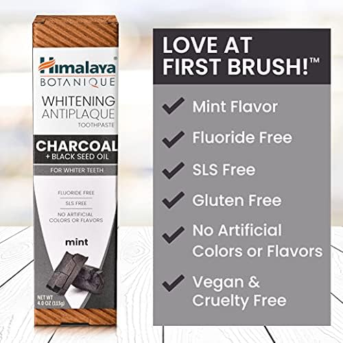 Himalaya Botanique Whitening Antiplaque Toothpaste with Charcoal + Black Seed Oil, Fluoride Free, for Whiter Teeth, 4 oz, 2 Pack…