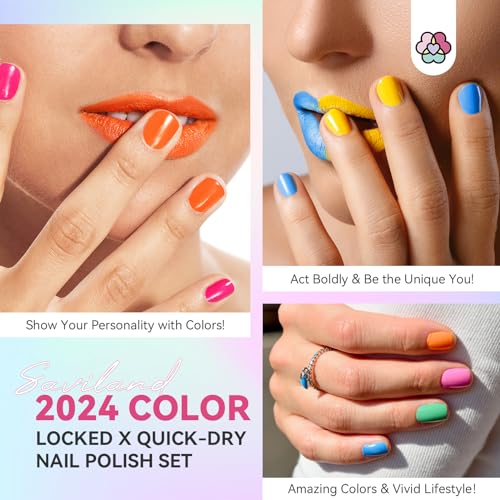 SAVILAND Finger Nail Polish Set for Beginner: 12 Neon Colors Air Quick Dry Nail Polish Summer Glitter Nail Polish Kit Regular Fingernail Polish Non Gel with Base-Top Polish for Toe Manicure Nail Art