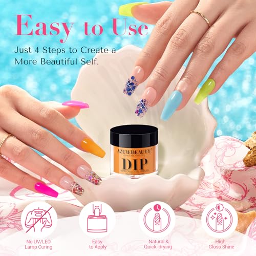 AZUREBEAUTY Orange Fluorescent Blue Green Dip Powder Nail Set, 6 Spring Summer Colors Dipping Starter Kit French Art Manicure DIY Mother's Gift for Women, No Need Lamp Cured