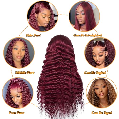 99j Burgundy Lace Front Wigs Human Hair 28 Inch Deep Wave Lace Front Wigs Human Hair Pre Plucked Red Curly Human Hair Wig 13x4 HD Colored Frontal Glueless Wet and Wavy Loose Deep Wave