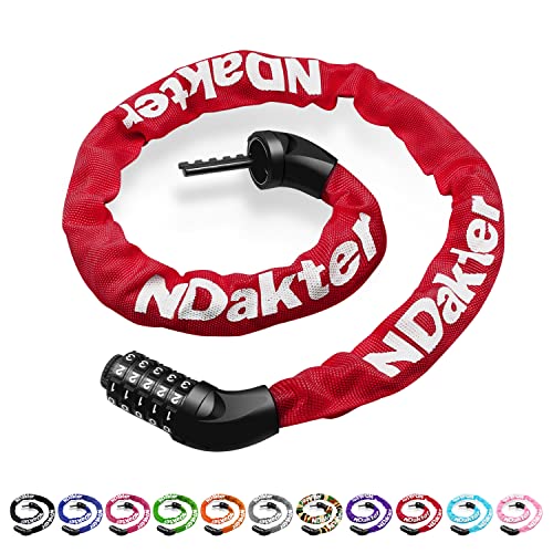 NDakter Bike Chain Lock, 5 Digit Combination Heavy Duty Anti Theft Bicycle Chain Lock, 3.2/4.27 Feet Long Security Resettable Bike Locks for Bike, Bicycle, Scooter, Motorcycle, Door, Gate, Fence