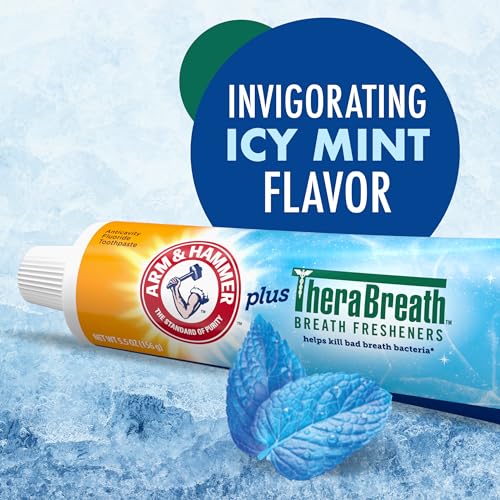 ARM & HAMMER Toothpaste Plus TheraBreath Breath Fresheners, Invigorating ICY Mint Flavor & Advance White Toothpaste, Clean Mint Flavor, Stain Defense Technology, 6.0oz (4-Pack)