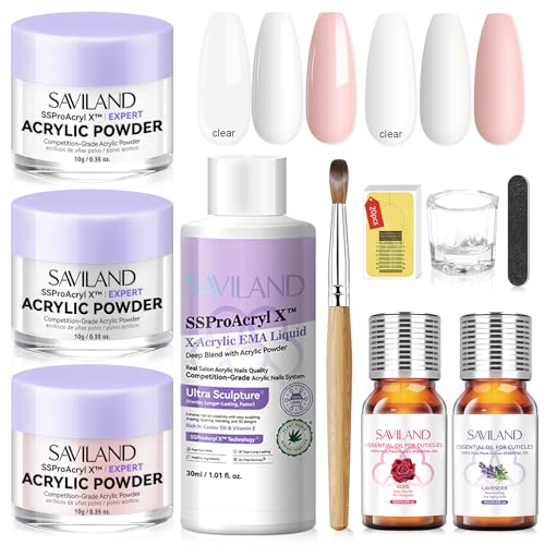 SAVILAND Acrylic Nail Kit for Beginners: White Pink Clear Acrylic Powder and Liquid Set with EMA Acrylic Liquid Monomer Nail Brush Forms Tools and Cuticle Essentials Oil for Nails Home Manicure DIY