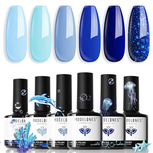 modelones Blue Gel Nail Polish Set 6 Colors, Royal Blue Sky Blue Glitter Navy Blue Nail Gel Polish Kit Light to Dark Shades Soak Off Pastel Spring Nail Art Gel Salon DIY Manicure Gift for Women Girl