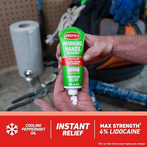 O'Keeffe's Working Hands Pain Relief Cream Skin Protectant with 4% Lidocaine and Cooling Peppermint Oil for Instant Relief from Pain, Itching, Irritation and Dryness, 3oz Tube