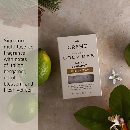Cremo Exfoliating Body Bar for Men, Italian Bergamot Scent, Multi-Layered Fragrance That Buffs, Cleanses and Hydrates Skin, 5oz