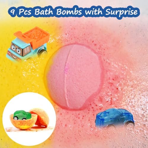 Bath Bombs for Kids with Toys Inside, 9 Pack Handmde Bath Bombs Set with Pull-Back Cars Inside, Rich Foam Color Bubble Set Boys Girls for Skin Moisturizing