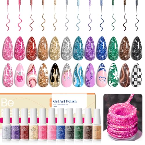 Beetles Nail Art Gel Liner Polish 12 Colors Reflective Glitter Gel Nail Polish, Gold Silver Pink Blue Purple Brown Black Kit Soak Off Uv Nail Art Design Set Summer Manicure Gifts for Women