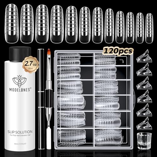 modelones Slip Solution for Poly Gel, 2.8oz Anti-Stick Liquid for Poly Gel with 120Pcs Flat Dual Nail Forms Nail Tips Clips Kit