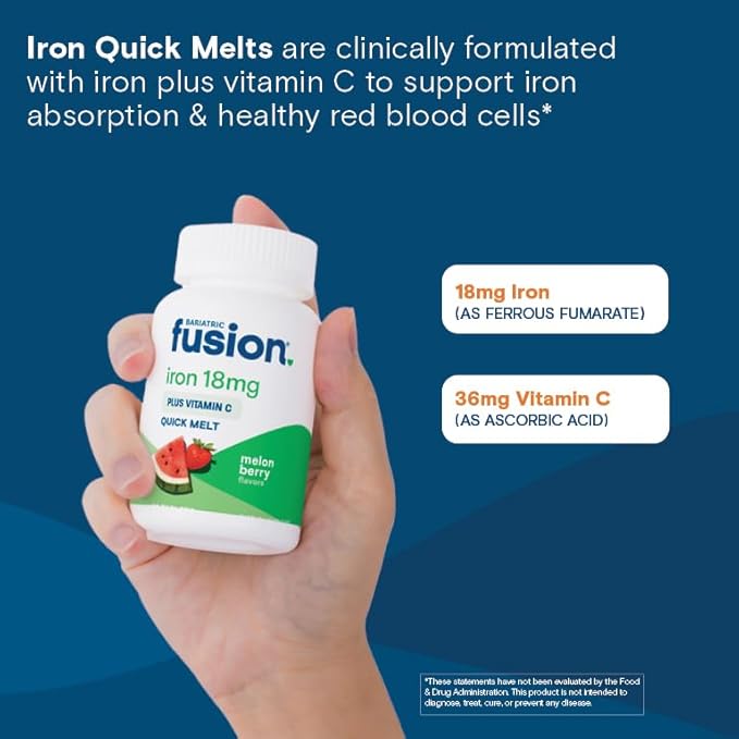 Bariatric Fusion Iron Supplement for Women Quick Melt | Sugar Free Dissolvable Chewable Iron Tablets | Ferrous Fumarate 18 mg Iron with Vitamin C | Melon Berry | Gluten, Dairy and Soy Free | 90 Count