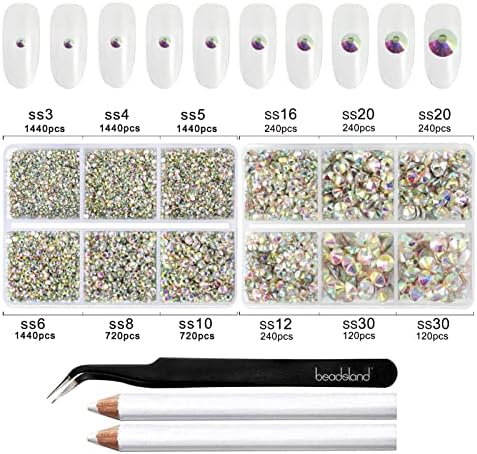 Beadsland 8300PCS Flatback Rhinestones, AB Crystal Rhinestone Round Crystal Rhinestones for Crafts, Mixed 10 Sizes with Wax Pencil and Tweezer Kit, SS3-SS30, Crystal AB