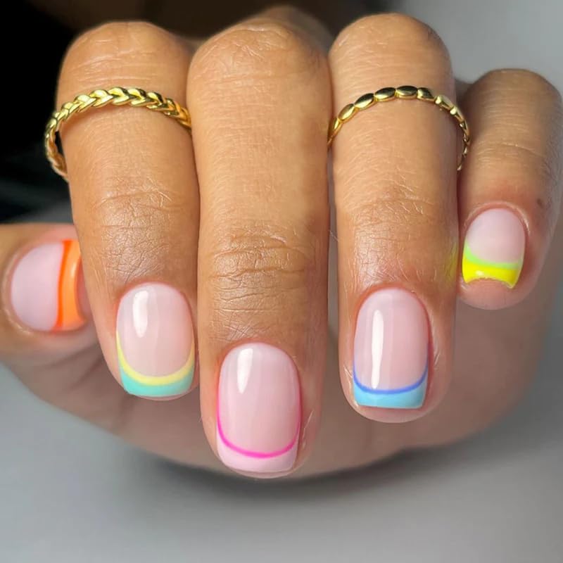 Curvlife Rainbow Short Press On Nails Stick On Nails Short Fake Nails Design Glossy Acrylic Nails Stick On Nails Tips Glue On Nails False Nails For Women Nail Kit With Nail Glue