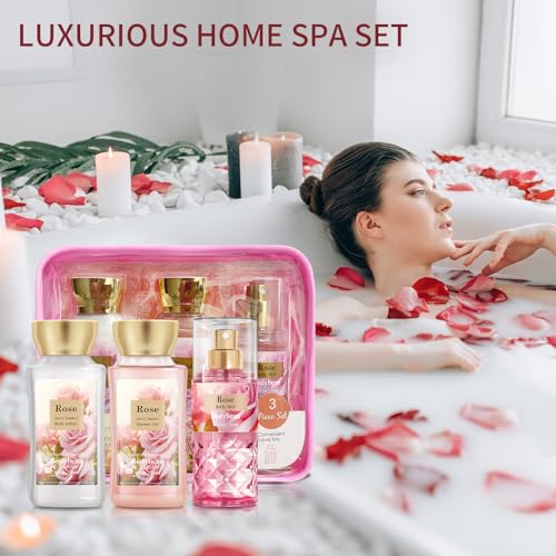Portable Bath and Body Care Travel Set for Women & Girls, Rose 3PCS Set - Shower Gel, Body Lotion, Body Mist, Personal Body Care Gift Set for Birthday Mother's Valentine's Day Gifts for Her