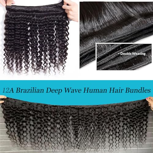 12A Deep Wave Human Hair Bundles 16 18 20 Inch Curly Bundles Human Hair 100% Unprocessed 3 Bundle Brazilian Virgin Human Hair Extensions Quick Weave Natural Black Color