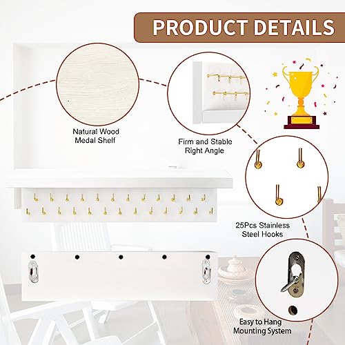 DSVENROLY Medal Holder Display Trophy Shelf Organizer,Sturdy Wooden Medal Trophy Hanger Rack with 25 Steel Hooks, Wall Mount Medal Hanger for Race Medals Trophies Easy to Install(Brown)