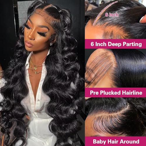 30 Inch Body Wave 13x6 HD Lace Front Wigs Human Hair 200 Density 12A 100% Virgin Frontal Wigs Human Hair 13x6 Body Wave Glueless Wig for Women Pre Plucked Bleached Knots with Baby Hair Natural Black