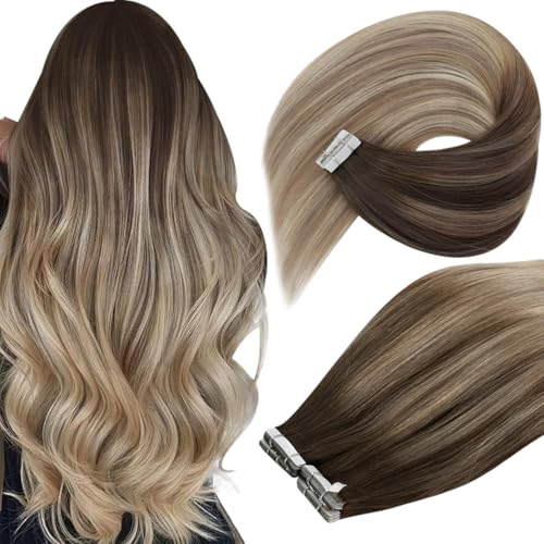 Ve Sunny Brown Tape in Hair Extensions Cool Brown Fading to Ash Brown Mix Light Blonde Tape in Hair Extensions for Women Brown Hair Extensions Short Straight Remy Hair 25g 14inch