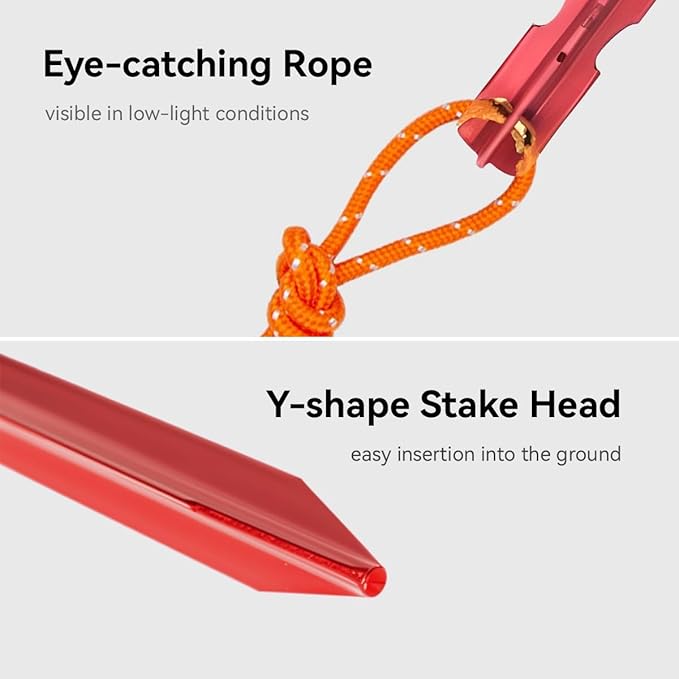 12 Pack Tent Stakes, 7-inch Ultralight Aluminum Ground Pegs with Reflective Pull Ropes, Tri-Beam Stakes in a Carrying Bag, for Camping, Backpacking, Hiking Tent, Hammocks and Canopy, Red