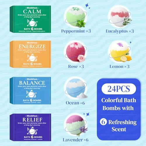 Bath Bombs Set, 24 Pcs Shower Bombs with 6 Refreshing Scents, Perfect for Moisturizing & Relaxing, Ideal for Birthday, Mother's Day, Valentine's Day Present Giving, Presents for Women
