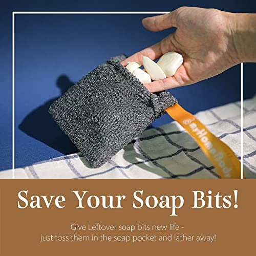 myHomeBody Soap Pocket Squares Exfoliating Pouch, Body Scrubber, Exfoliator Sponge for Bath or Shower, or Leftover Bits Saver, Graphite Gray, 3 Pack + 2 Lift Pads