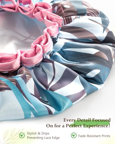 mikimini Large Shower Cap for Women Reusable Waterproof, Adjustable Hair Cap for Shower with Double Layers, Tropic Style Hair Cover for Shower suit for Long Hair, Braids, 2 Pieces