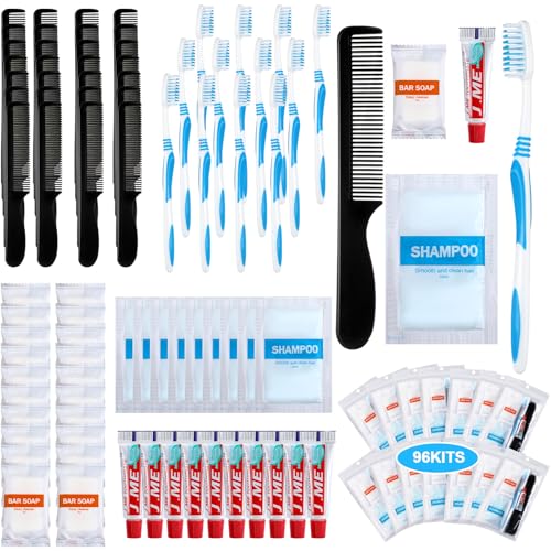 96 Sets Personal Hygiene Kit Basic Toiletry Kits Homeless Supplies Bulk for Women, Men, Travel, Charity, Business Include 96 Shampoo, 96 Toothbrush, 96 Toothpaste, 96 Comb, and 96 Bath Soap