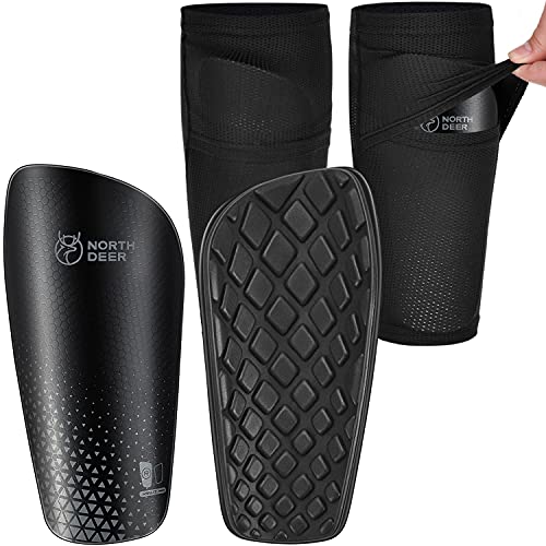 Soccer Shin Guards for Kids incl. Sleeves with Optimized Insert Pocket - Protective Soccer Equipment for Boys Girls Children (Black S)
