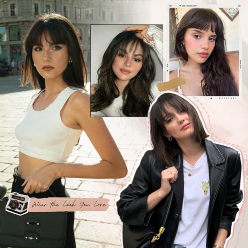 Bangs Hair Clip - Brown Black Clip in Bangs Real Human Hair, Fake Bangs Clip on Bangs for Women Fringe with Temples Wispy Bangs Hair Extensions for Daily Wear
