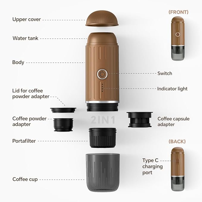 BENFUCHEN Portable Espresso Machine For Travel, Self-Heating Electric Espresso Maker, 19 Bar Portable Electric Espresso Machine For Camping On the Go For Ground Coffee and NESPRESSOpods, Brown