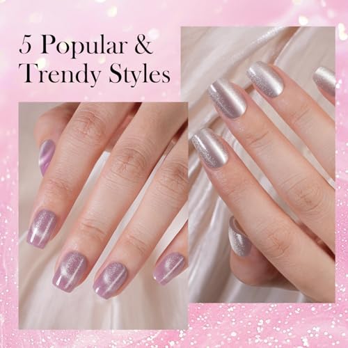 Vansiho 300Pcs Cat Eye Press on Nails, Glossy Glitter Cat Eye Designs Nail Tips for Women, Short Square Soft Gel Fake Nails, for Women and Girls Glossy Reusable Nail Tips in 15 Sizes