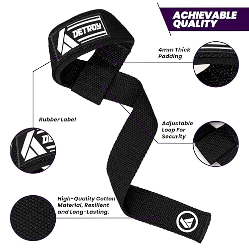 Detroy® Lifting Wrist Straps for Weightlifting, Deadlifts, Bodybuilding, Powerlifting, Gym Strength Training Workouts - Padded Neoprene with 24 inch Webbing Cotton with Silicone Grip for Men & Women (Black)