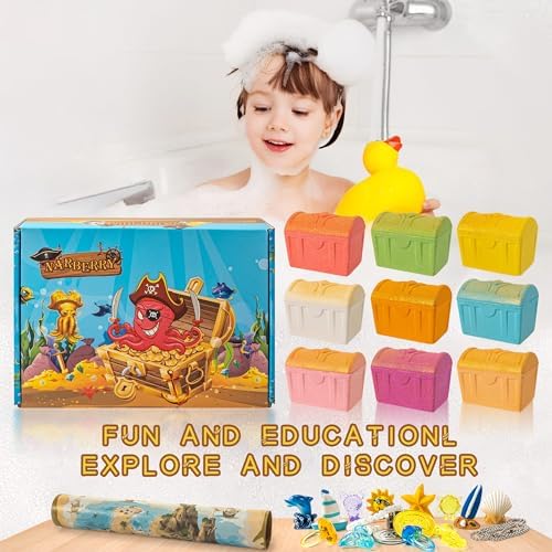 Bath Bombs for Kids with Surprise Toys Inside, 9 Pack Treasure Chest Bath Bombs Gift Set, Handmade Bubble Bath Fizzes Bomb with Toys, for Child-Safe, Fun & Educational, Ideal Gift for Kids