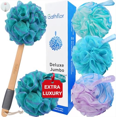 80g Loofah Sponge, Long Handle Loofah for Shower Bath Wash, 4 Extra Large 80g Soft Loofa Pouf, 1 Long Handle Curved Luffa on a Stick, 1 Shower Hook, Body Scrub for Men&Women (4 Color)